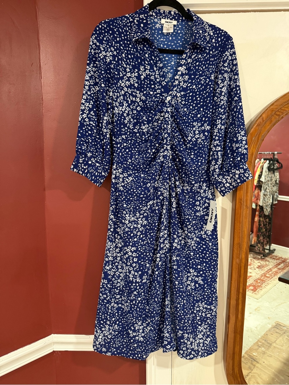 DKNY White Floral Midi Dress Silky with Mother of Pearl Frontal Buttons | Blue
